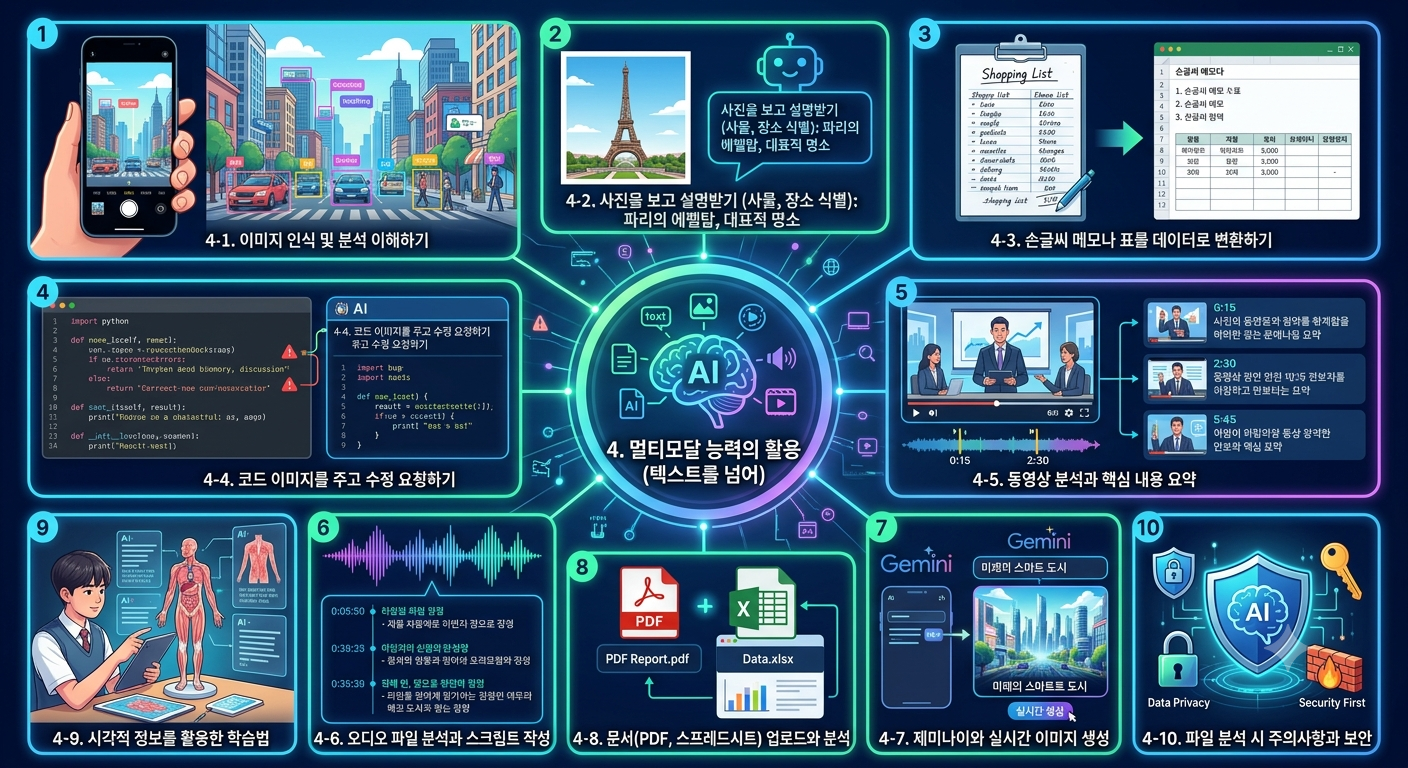 이 이미지는 '4. 멀티모달 능력의 활용 (텍스트를 넘어)'이라는 제목의 포괄적이고 미래지향적인 아이소메트릭 인포그래픽입니다. 중앙에는 텍스트, 사진, 오디오, 비디오 아이콘이 연결된 인공지능(AI) 두뇌 코어 허브가 있습니다. 이 허브는 네온 블루 및 퍼플 색상의 연결망을 통해 10개의 번호가 매겨진 패널로 둘러싸여 있으며, 각 패널은 AI의 다양한 능력을 보여줍니다.

패널 상세 내용 (상단 중앙에서 시계 방향):

4-1. 이미지 인식 및 분석 이해하기: 스마트폰을 든 손이 거리 장면을 보여주며, 자동차와 사람에 대한 객체 감지 경계 상자와 라벨(vehicle, person)이 표시되어 있습니다.

4-2. 사진을 보고 설명받기 (사물, 장소 식별): 파리의 에펠탑, 대표적 명소: 에펠탑 폴라로이드 사진과 함께 봇의 메시지가 식별 내용을 설명합니다.

4-3. 손글씨 메모나 표를 데이터로 변환하기: 손으로 쓴 쇼핑 리스트 메모가 깔끔한 엑셀 표로 변환되는 과정을 보여줍니다.

4-4. 코드 이미지를 주고 수정 요청하기: 파이썬 코드 화면과 함께 AI 봇이 코드 수정을 제안하는 메시지 버블이 있습니다.

4-5. 동영상 분석과 핵심 내용 요약: 타임스탬프와 요약 텍스트가 포함된 동영상 플레이어 화면입니다.

4-6. 오디오 파일 분석과 스크립트 작성: 오디오 파형과 타임스탬프가 있는 오디오 스크립트 텍스트입니다.

4-7. 제미나이와 실시간 이미지 생성: 스마트폰 대화창에 '미래 스마트 도시'를 생성하는 실시간 과정과 분석 결과를 보여주는 제미나이 패널입니다.

4-8. 문서(PDF, 스프레드시트) 업로드와 분석: PDF 보고서 아이콘이 엑셀 아이콘으로 변환되며 차트와 데이터를 생성하는 것을 보여줍니다.

4-9. 시각적 정보를 활용한 학습법: 교복을 입은 소년이 인체 해부학 홀로그램 디스플레이를 보며 태블릿으로 상호작용하는 장면입니다.

4-10. 파일 분석 시 주의사항과 보안: Data Privacy 및 Security First 텍스트와 함께 자물쇠, 방패, 방화벽 등 보안 아이콘이 표시된 패널입니다.

이미지 하단에는 "By [Mentorship Role]"이라는 텍스트가 있습니다. 전체적인 스타일은 미래적이고 깨끗한 아이소메트릭 일러스트레이션입니다.