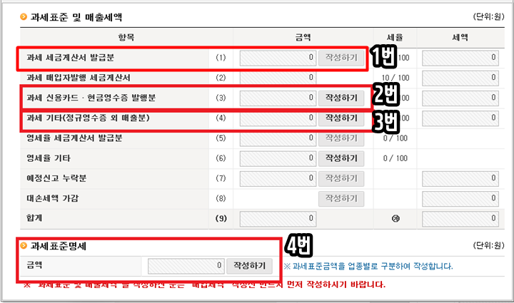 과세표준 및 매출세액 작성 화면