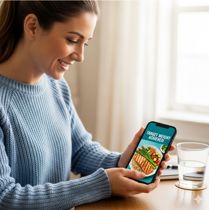 한 여성이 스마트폰을 보며 미소 짓고 있다. 스마트폰 화면에는 '목표 체중 달성' 메시지와 함께 건강한 식단 사진이 보인다.
