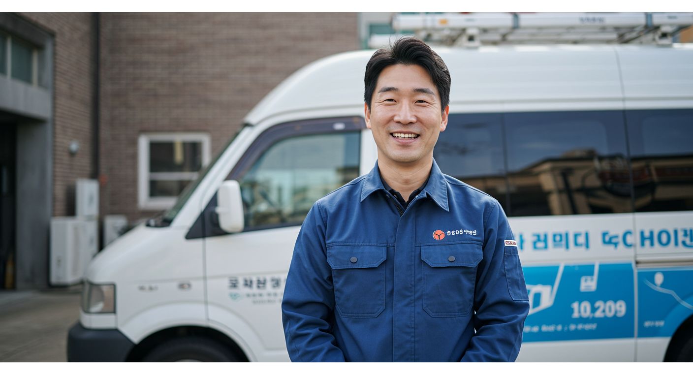 에어컨 청소를 마친 한국인 창업자가 서비스 차량 앞에서 자신감 있게 미소 짓는 모습