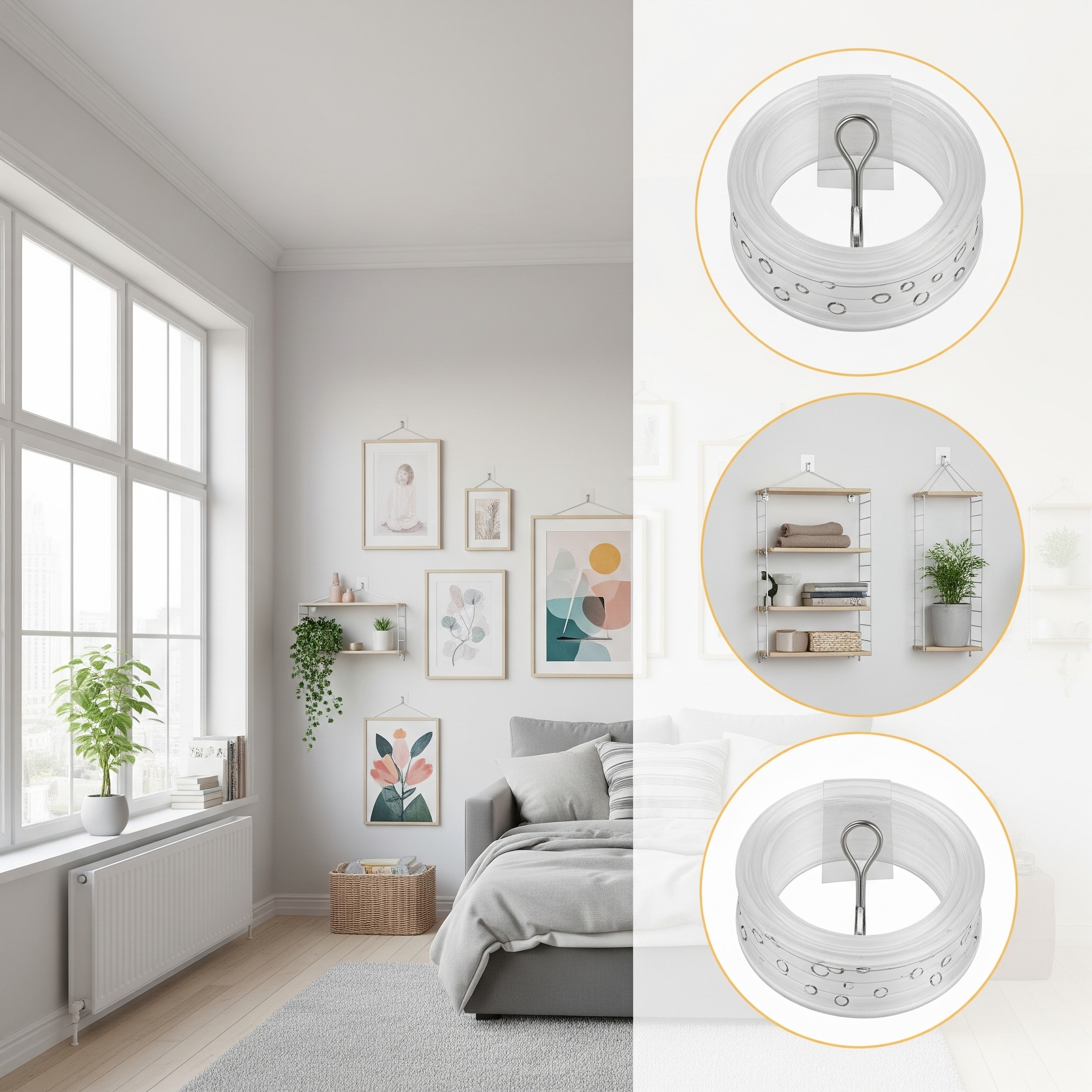 깨끗한 흰색 벽에 걸린 액자 뒷면 클로즈업. 왼쪽에는 꼭꼬핀이, 오른쪽에는 투명한 실리콘 양면테이프가 붙어 있어 못 없이 물건을 고정하는 두 가지 방법을 비교