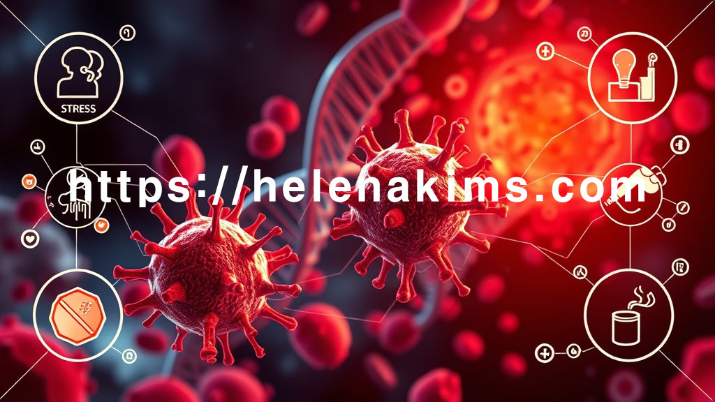 중앙에 비정상적으로 빠르게 분열하는 피부 세포들과 그 주변을 공격적으로 둘러싼 과활성화된 면역 세포들을 표현, 가장자리에는 스트레스, 감염, 약물, 흡연 등을 상징하는 아이콘들이 있는 그래픽 이미지.