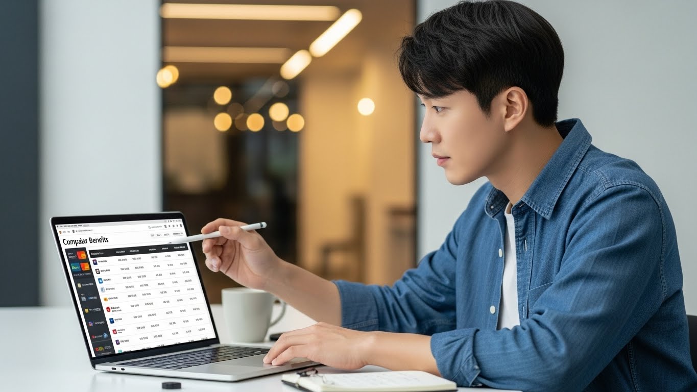 노트북 화면에 여러 카드 혜택을 비교하고 있는 한국청년 이미지