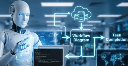 계획 수립부터 코드 실행, 데이터 접근, 시뮬레이션까지 복잡한 작업을 자율적으로 완수하는 AI 에이전트의 워크플로우를 보여주는 개념 일러스트. 각 단계가 유기적으로 연결되어 최종 작업 완료로 이어지는 과정을 시각적으로 표현함.
