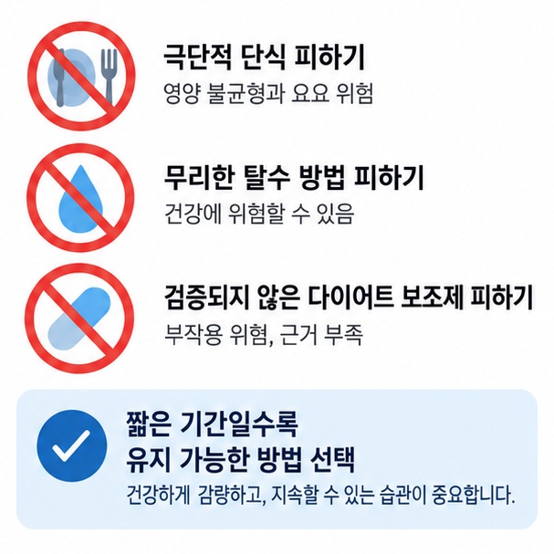 극단적 단식, 탈수, 검증되지 않은 다이어트 보조제를 피하고 식사 운동 수면을 함께 관리하는 체크리스트 이미지