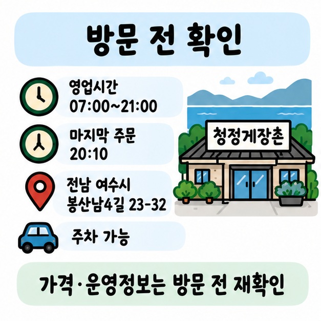 영업시간 07시부터 21시와 마지막 주문 20시 10분, 주소와 주차 가능 여부를 확인하는 방문 체크리스트 카드
