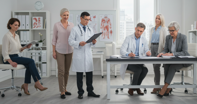 다양한 연령대의 사람들이 관절 검진을 받는 모습