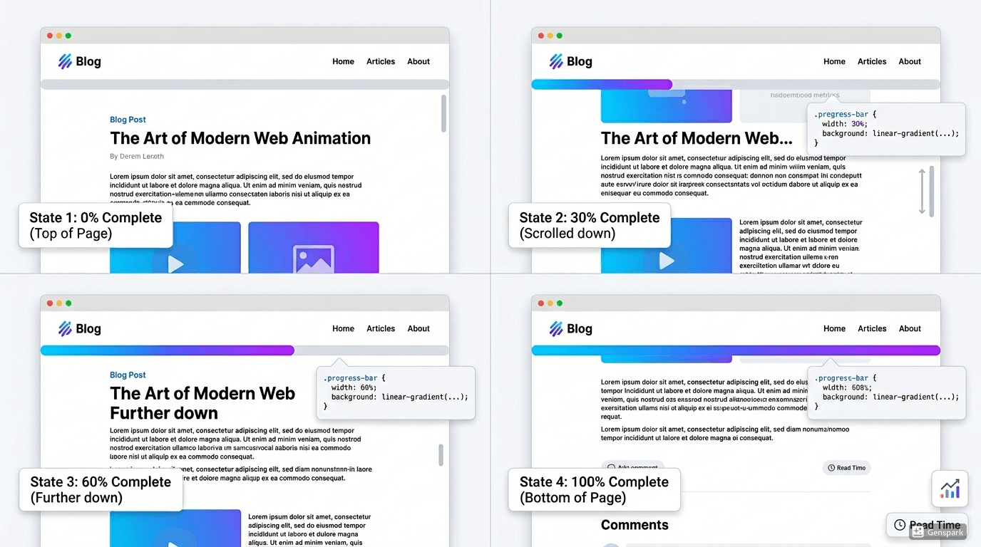 CSS 프로그레스 바 만들기 완벽 가이드 &ndash; 글 읽기 진행률 시각화로 완독률 높이는 법 5단계 참조 이미지