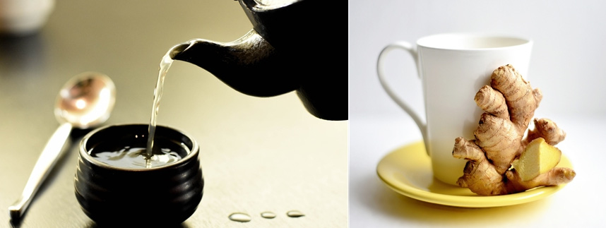 주전자에 보리와 물을 넣고 끓인 보리차를 찻잔에 따르는 사진과 생강을 넣고 끓인 생강차를 찻잔에 따른 사진