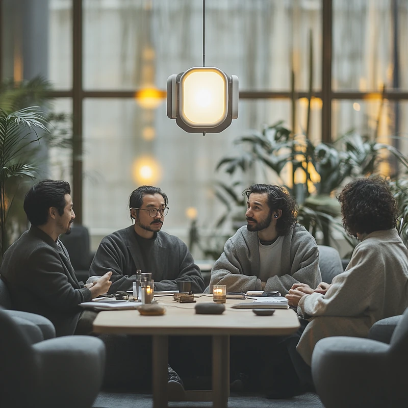 다양한 투자자들이 2025년을 위한 ETF 추천 목록을 논의하는 장면이 따뜻한 조명 아래에 그려진다. 협력, 전략적 투자, 경제 계획과 관련된 긍정적이고 융통성 있는 분위기를 자아낸다.