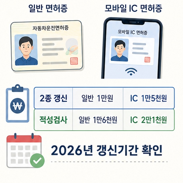 2026년 운전면허 갱신과 적성검사 수수료 및 변경된 갱신기간 확인 필요성을 정리한 이미지