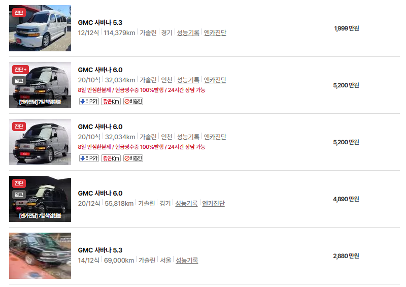 GMC 사바나 중고차 가격 시세표 연비