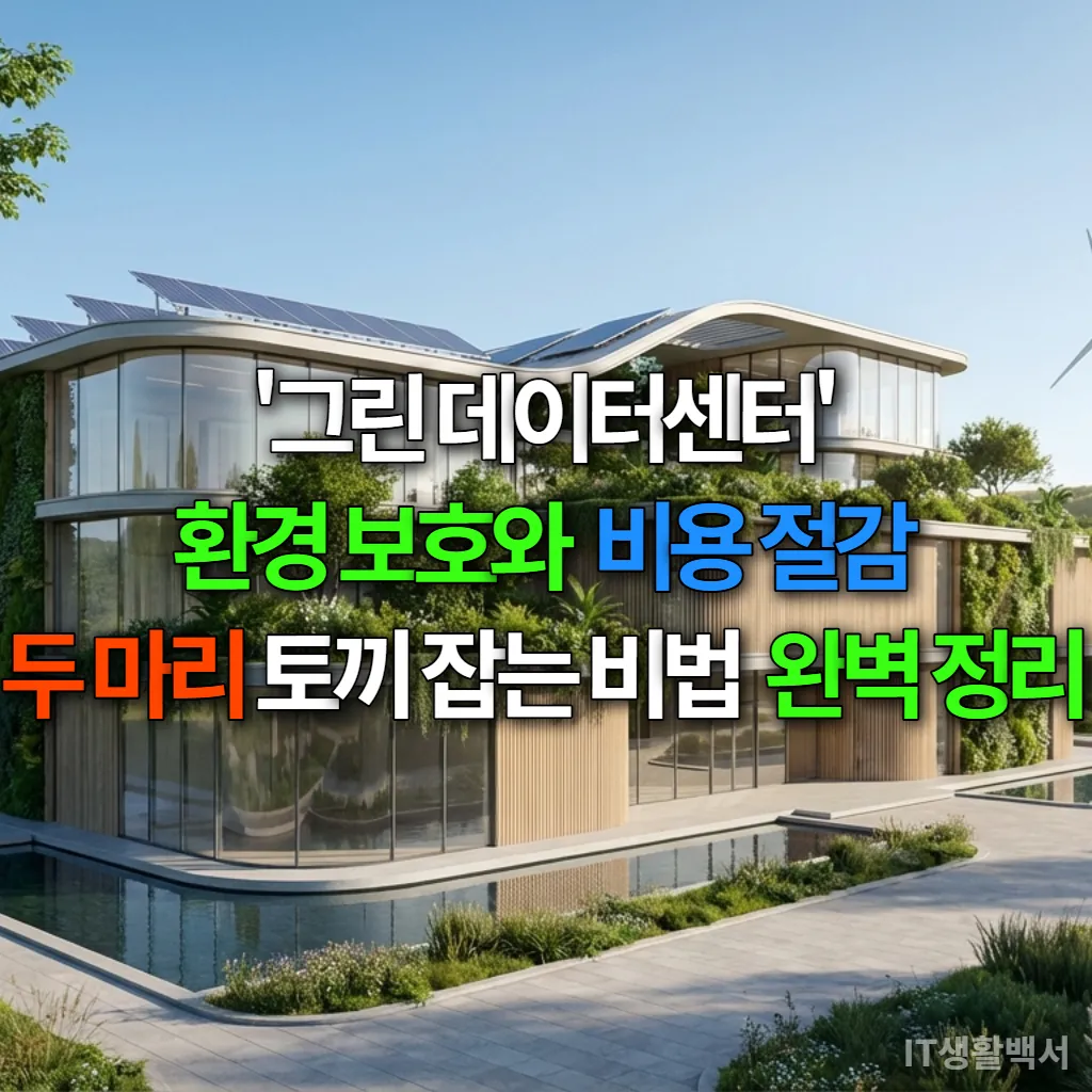 한국의 친환경 그린 데이터센터 전경, 건물에 수직 정원과 태양광 패널이 설치되어 있고, 배경에는 풍력 터빈이 보이는 모습.