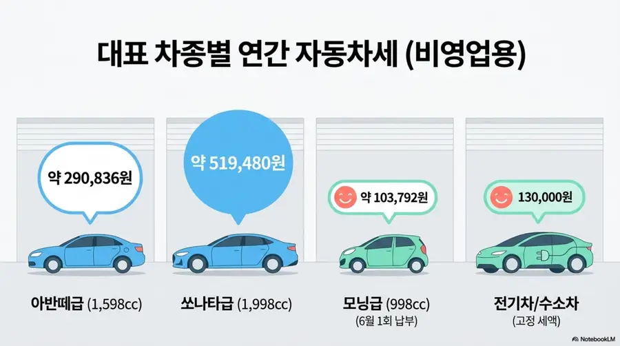자동차세 납부방법: 대표 차종별 연간 자동차세를 비교한 인포그래픽. 아반떼급 1598cc는 약 290&amp;#44;836원&amp;#44; 쏘나타급 1998cc는 약 519&amp;#44;480원&amp;#44; 모닝급 998cc 경차는 약 103&amp;#44;792원으로 6월 1회 납부&amp;#44; 전기차와 수소차는 고정 세액 130&amp;#44;000원이라는 정보를 차량 일러스트와 함께 비교 정리한 이미지 