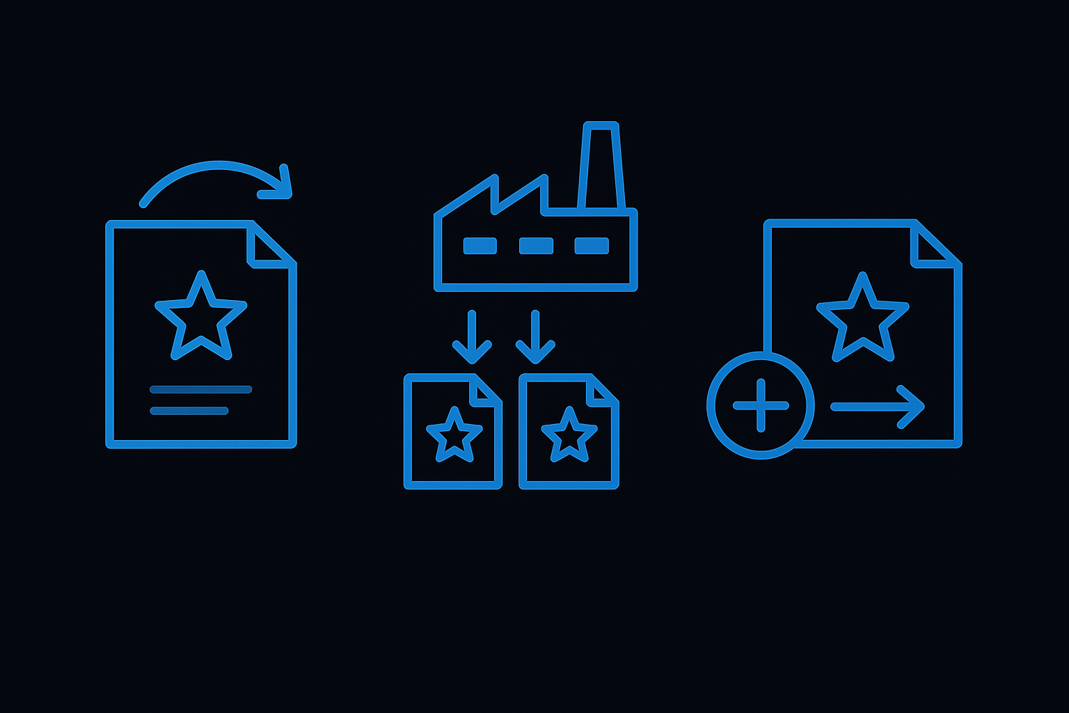 하나의 공장에서 여러 객체를 기술적으로 정제해내는 구조를 묘사한 일러스트