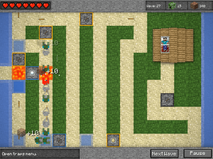 마인크래프트-타워-디펜스-플래시게임-플레이-타워를-설치하여-몬스터를-처치하고-점수를-획득하는-화면