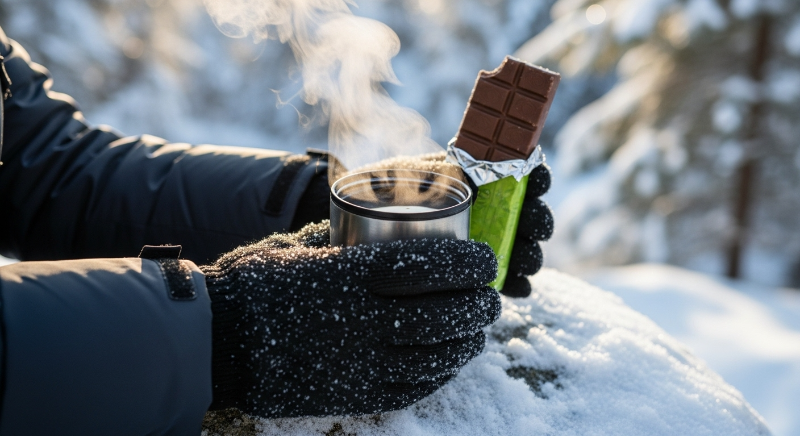 눈 쌓인 바위 위에서 따뜻한 차와 초콜릿 간식을 먹으며 휴식하는 모습