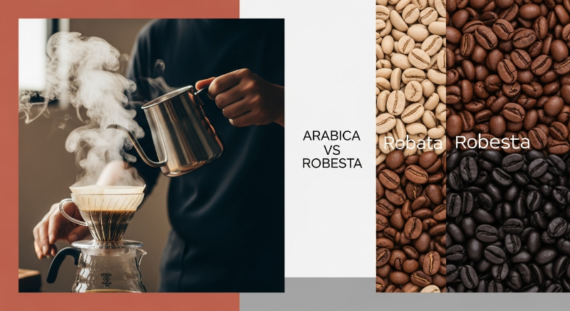 한쪽에서는 핸드 드립 추출 과정을 보여주고, 다른 한쪽에서는 다양한 로스팅 정도의 커피 원두를 보여주는 분할 이미지. 커피의 추출 방법과 품종 다양성을 시각적으로 표현.