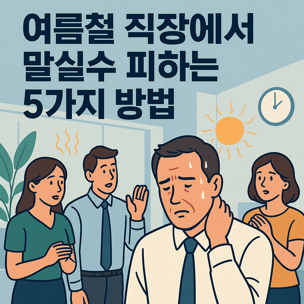 여름철 직장에서 땀을 흘리는 남성과 긴장한 동료들이 대화 중인 일러스트