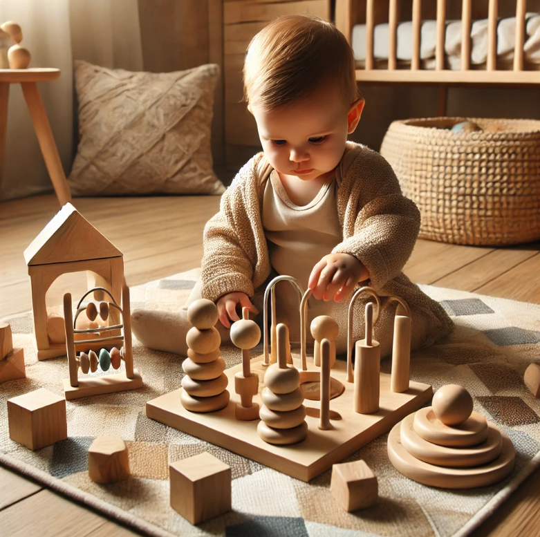 아기가 원목 장난감을 가지고 노는 모습
