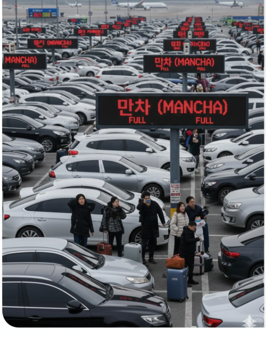 "설 연휴 공항 주차장 만차 상황과 대안으로 제시된 공항철도 및 주차 대행 서비스를 설명하는 인포그래픽 이미지"