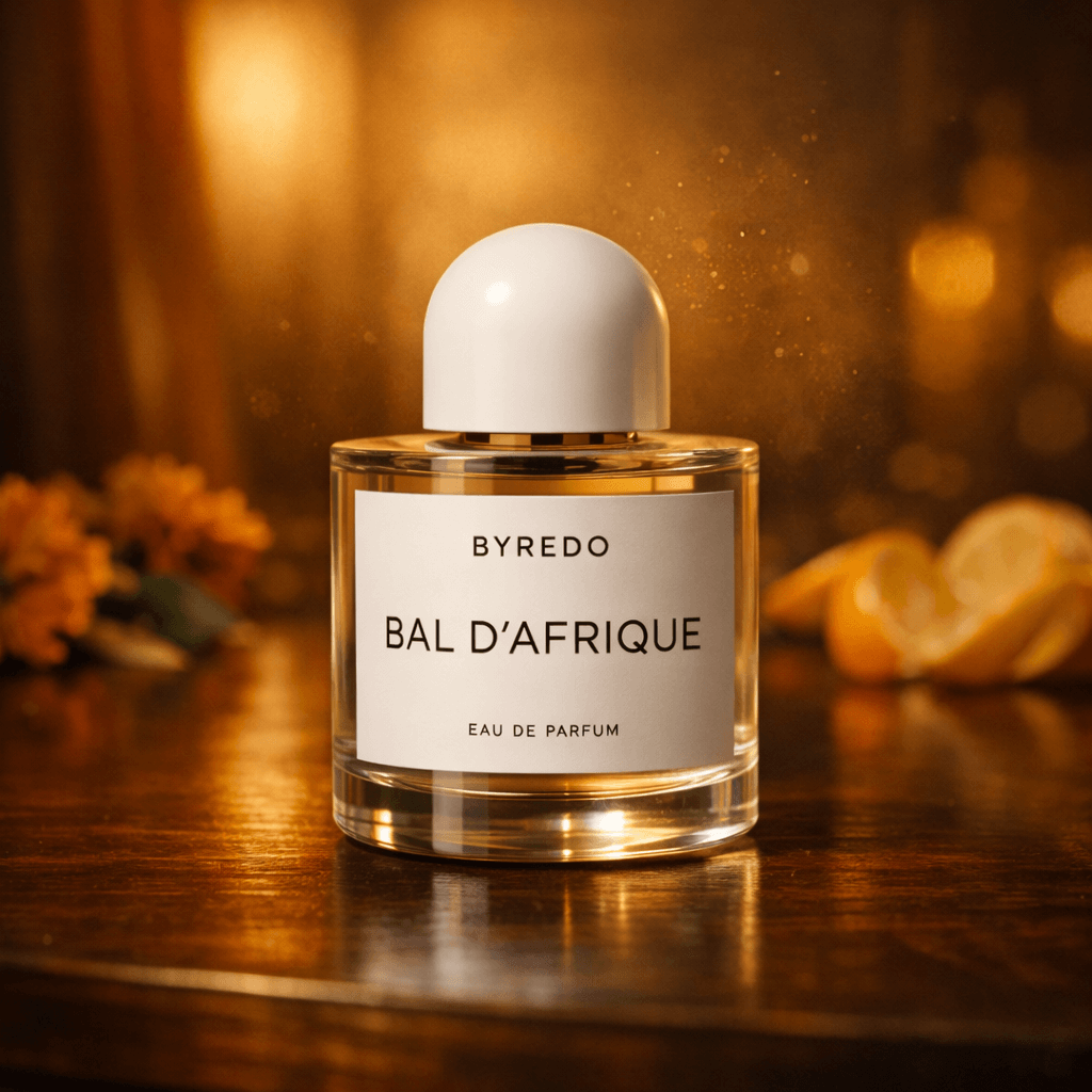 따뜻한 앰버 조명 아래 다크 우드 테이블 위에 놓인 바이레도 발다프리크 향수병, 배경에는 금빛 먼지와 매리골드 꽃잎, 시트러스가 흐릿하게 어우러진 고급스러운 무드