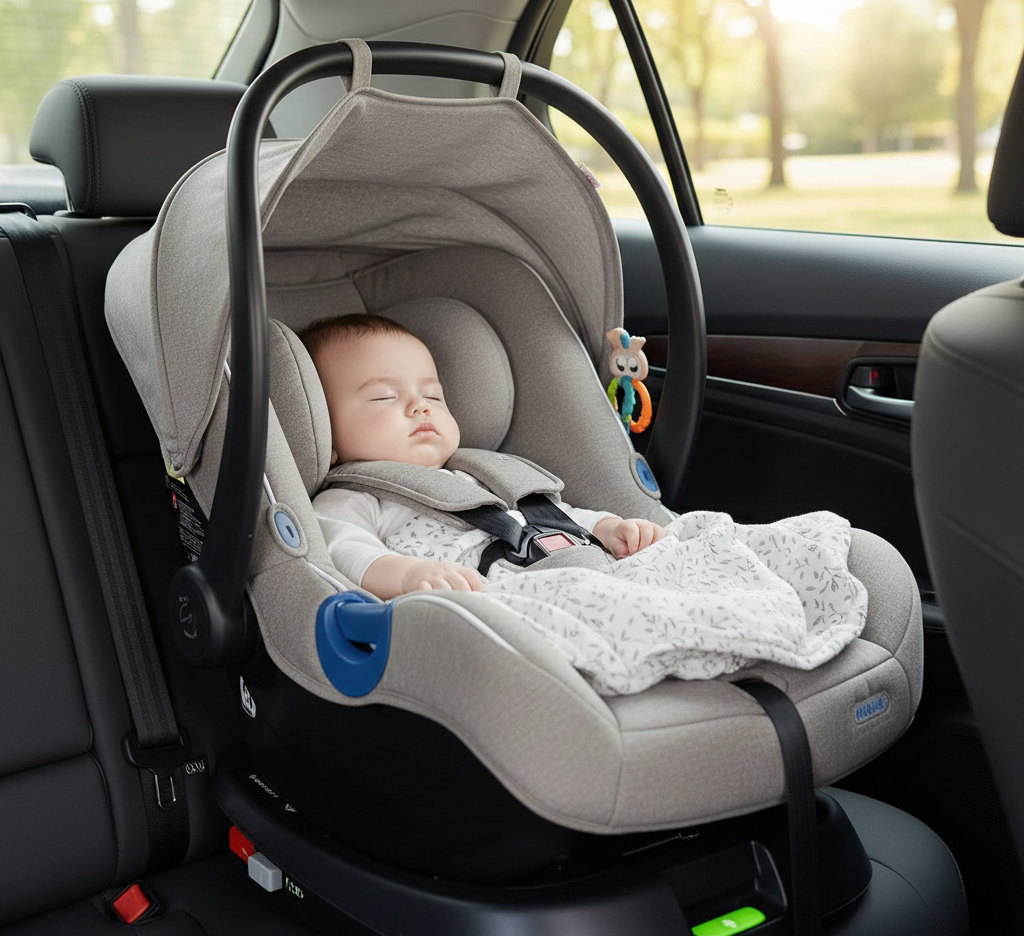 뒷좌석에 설치된, 햇빛 가리개가 달린 회색 유아용 카시트에 잠들어 있는 신생아의 모습
