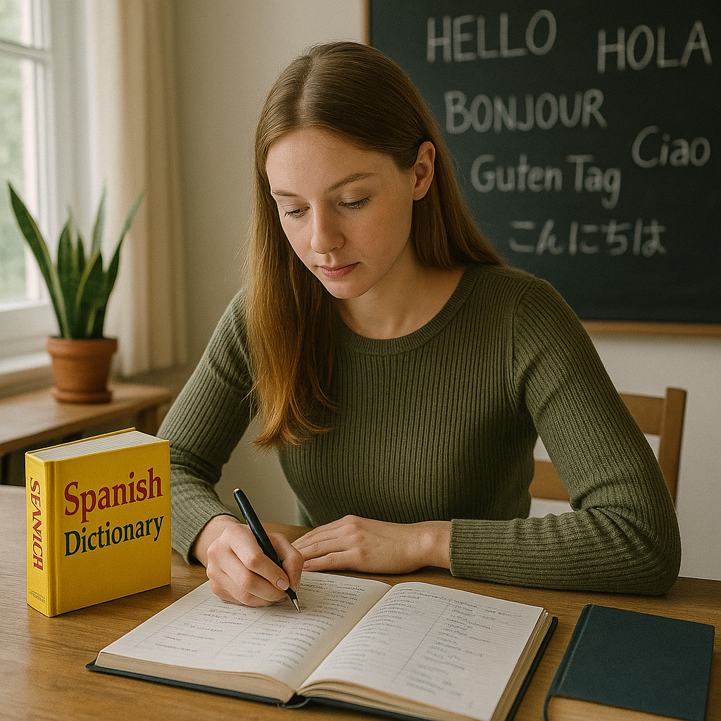 여행 준비를 위해 언어를 공부하는 여학생 사진