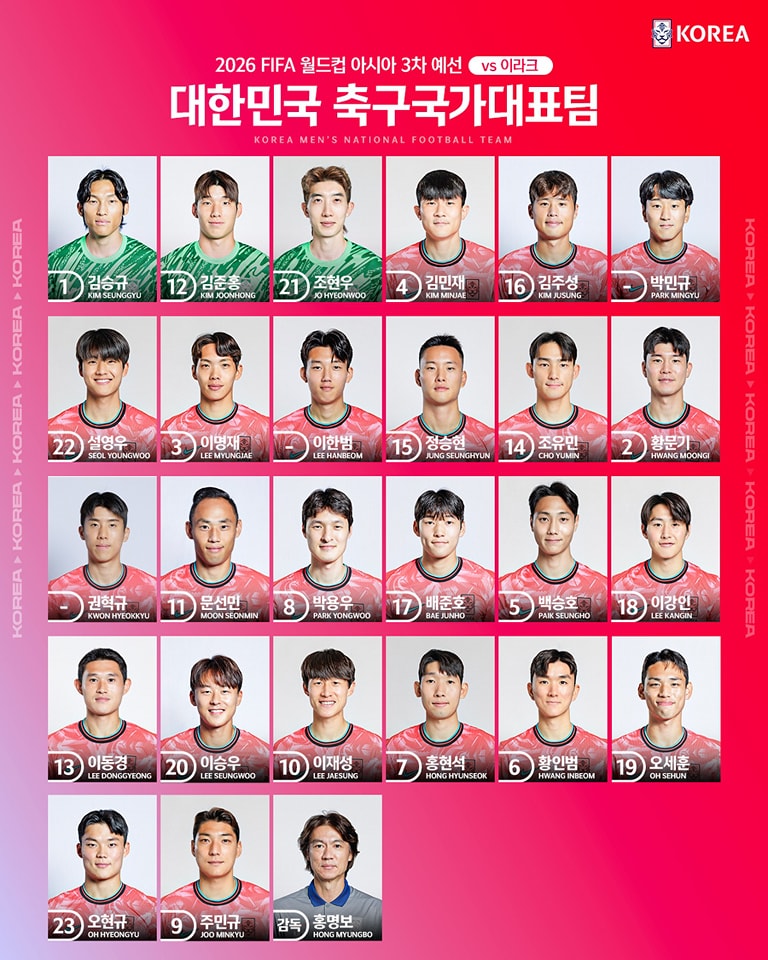 2026북중미월드컵 아시아 예선-한국 VS 이라크 -출전선수들