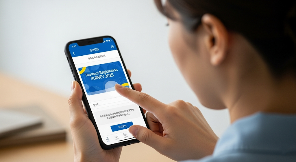 스마트폰 정부 앱에서 '2025년 주민등록 사실조사' 배너를 터치하는 한국 여성의 손