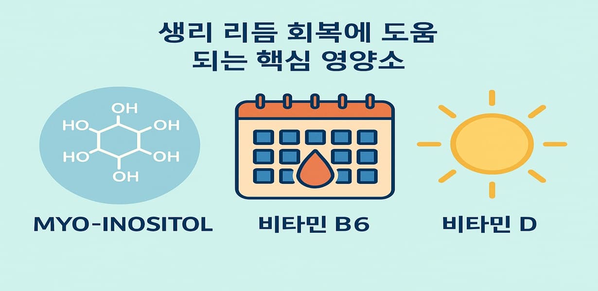 “생리 리듬 회복에 도움 되는 주요 영양소를 정리한 인포그래픽 이미지”
