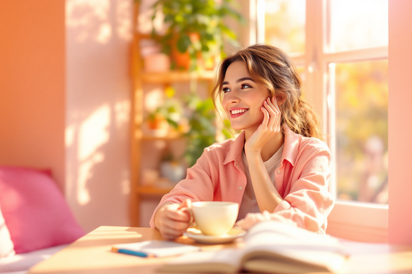 밝은 표정으로 차한잔의 여유를 즐기고 있는 표현