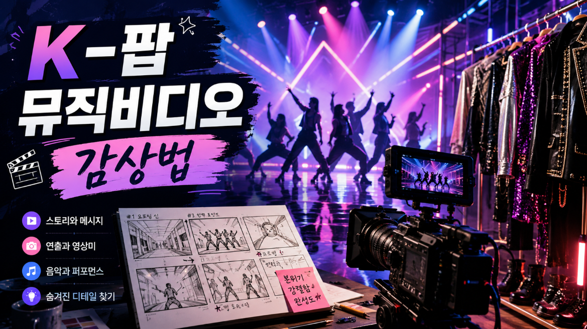 K-팝 뮤직비디오 감상법과 색감 스토리 패션 안무를 깊게 보는 방법을 소개하는 이미지
