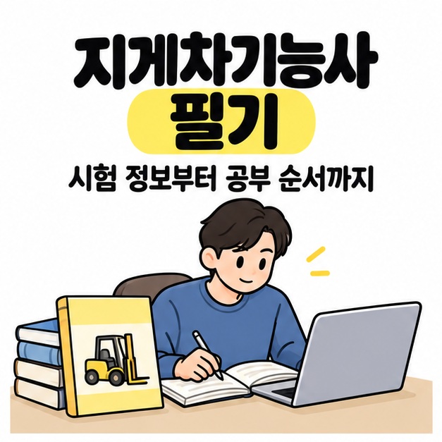 지게차기능사 필기라는 제목 아래 성인 수험자가 지게차 그림이 있는 교재와 노트북으로 공부하는 모습