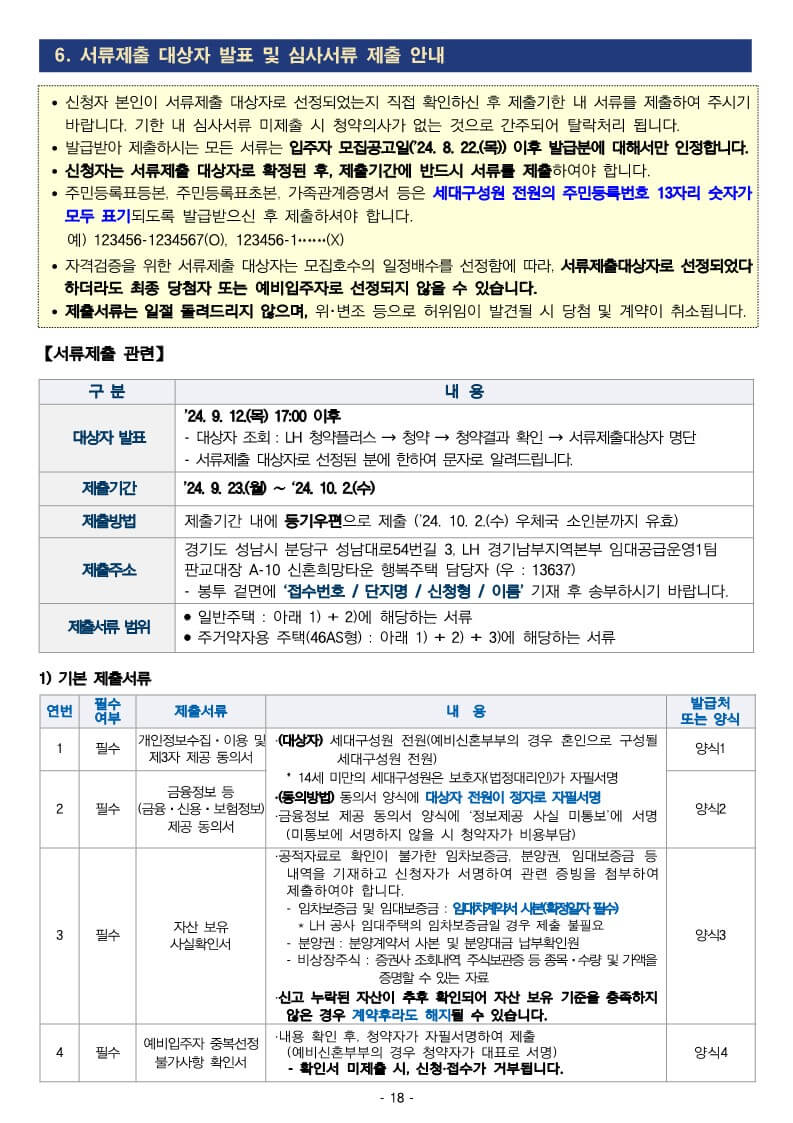 서류제출 대상자 발표(LH청약플러스)
