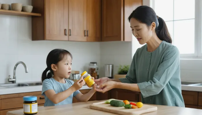 어린이의 건강을 위해 영양제를 챙겨주는 일상의 한 장면