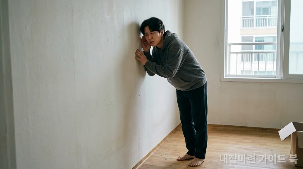 한국 남성이 층간 소음을 확인하기 위해 벽에 귀를 대고 있는 모습