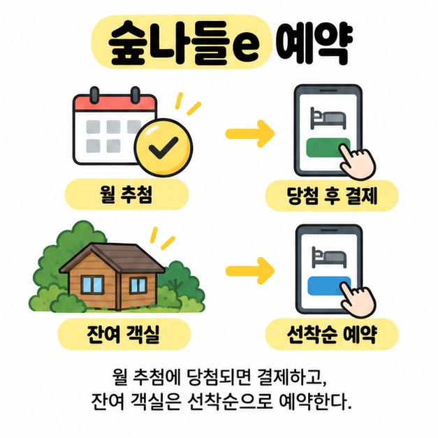 월 추첨에서 당첨 후 결제로 이어지는 경로와 잔여 객실을 선착순으로 예약하는 경로를 구분한 그림