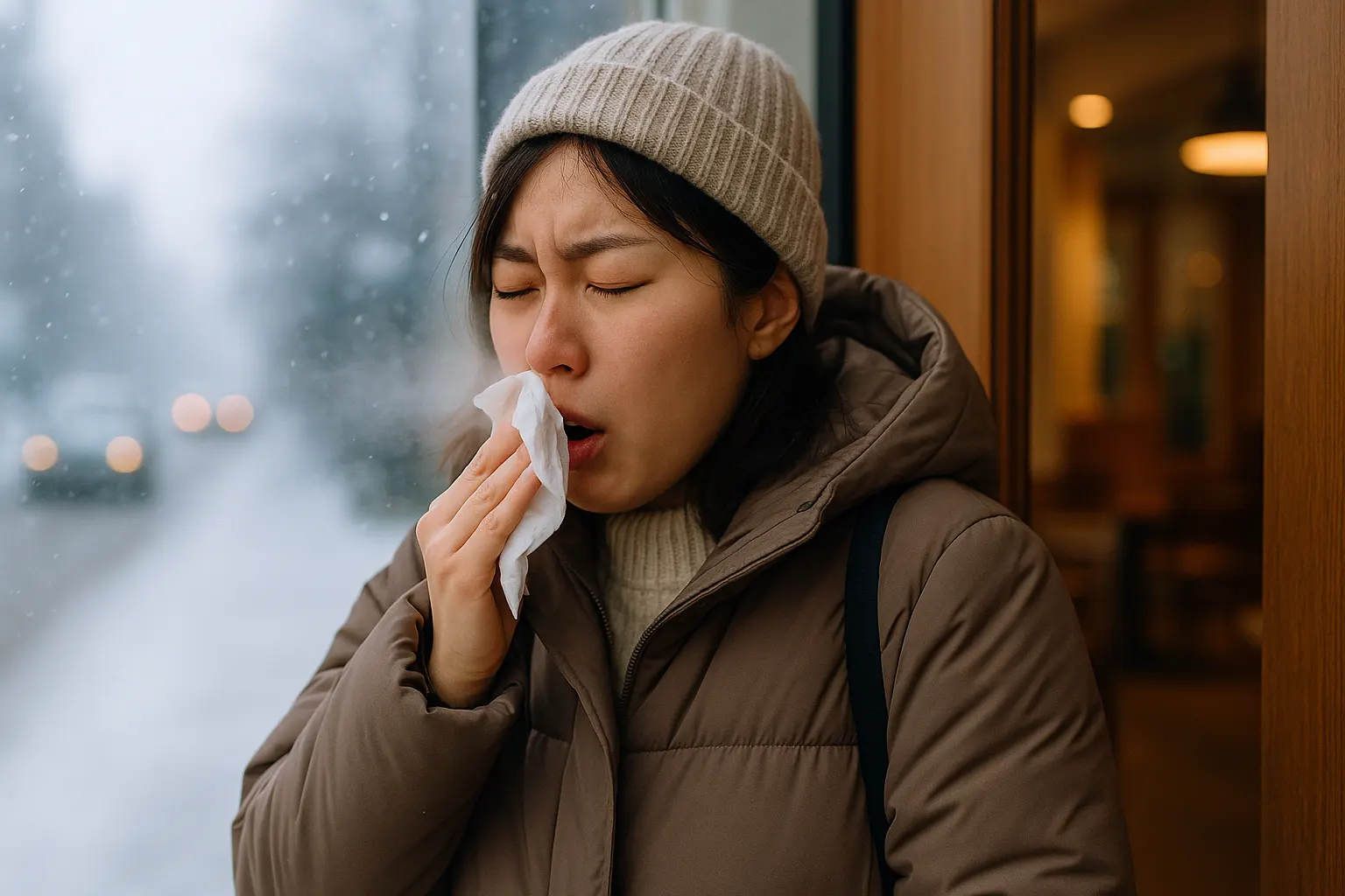 추운 곳에서 따뜻한 곳으로 이동한 후 재채기와 콧물이 나는 여성