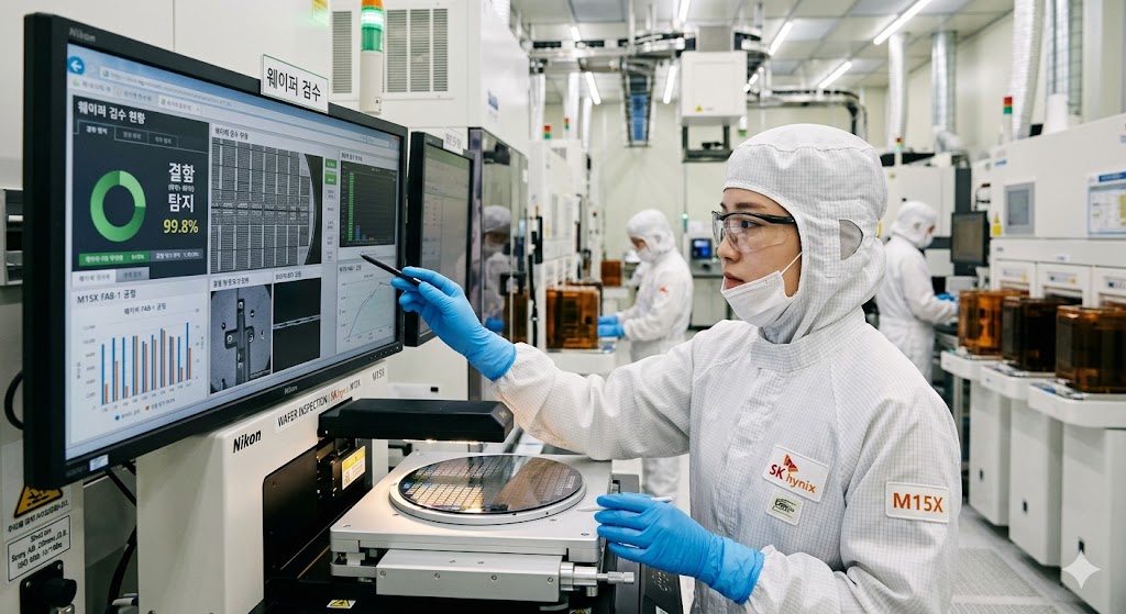 SK하이닉스 M15X 공장 전경이나 웨이퍼를 검수하는 연구원 사진