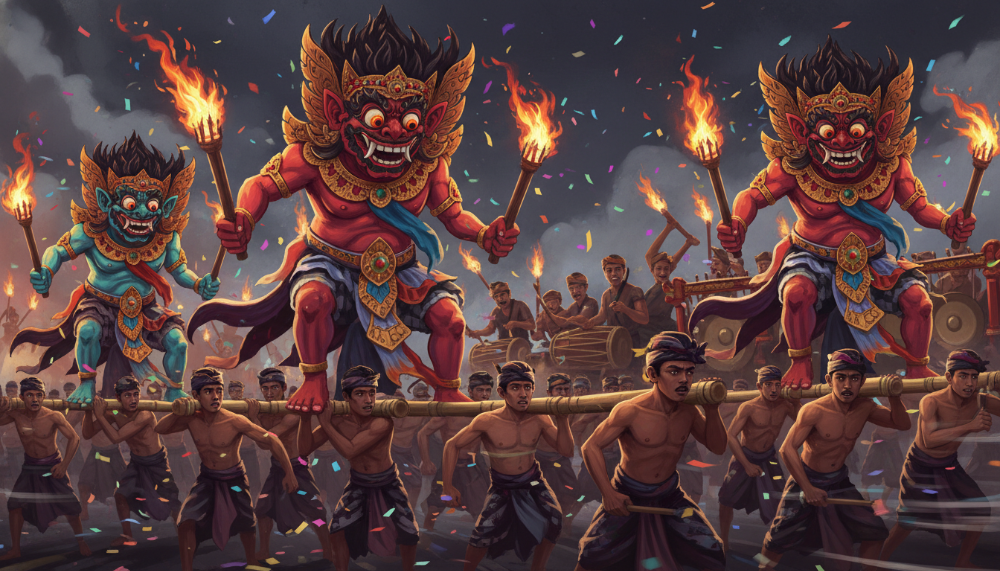 붉은 횃불 아래 내면의 악을 불태우는 발리 니에피 전야제의 강렬한 오고오고 퍼레이드