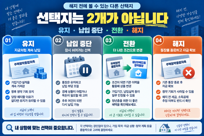 청약통장 유지 납입중단 전환 해지 네 가지 선택지를 비교한 이미지
