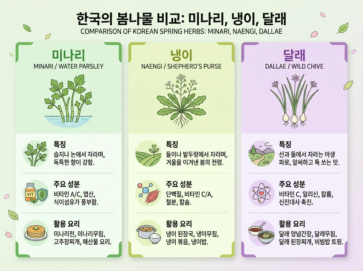 봄나물 비교 미나리 냉이 달래 효능 차이