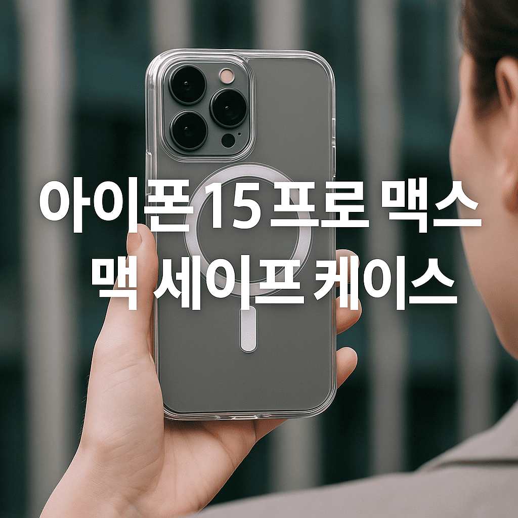 후면-카메라와-맥세이프-링이-보이는-아이폰-15-프로-맥스를-손에-든-모습,-배경은-유리와-철재로-된-모던-건물,-중앙에-&quot;아이폰-15-프로-맥스-맥-세이프-케이스&quot;-텍스트-배치