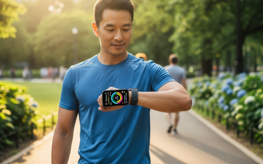 스마트워치로 운동 기록 확인, 공원 걷기