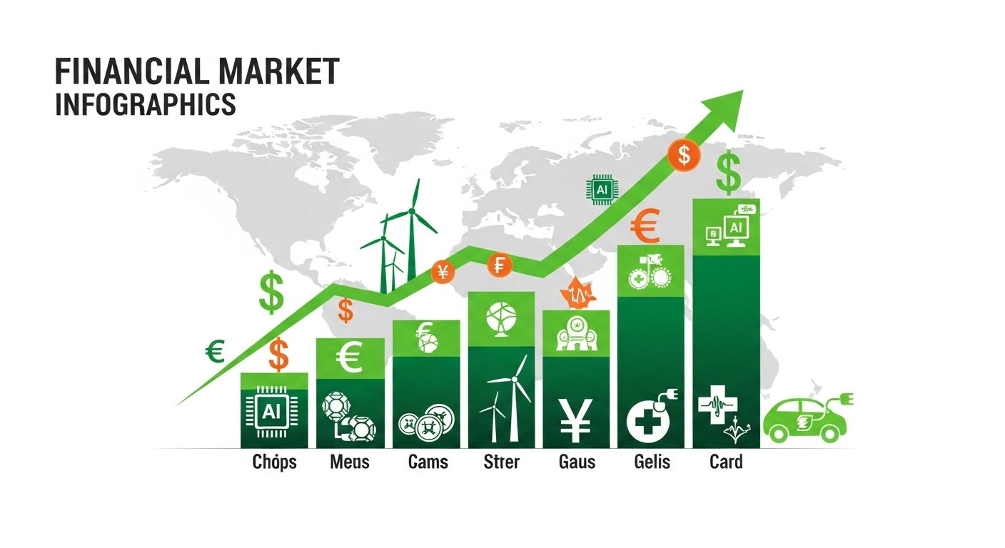 2025년 AI, 친환경 에너지, 헬스케어 등 유망 해외 주식 섹터의 성장세를 보여주는 역동적인 인포그래픽