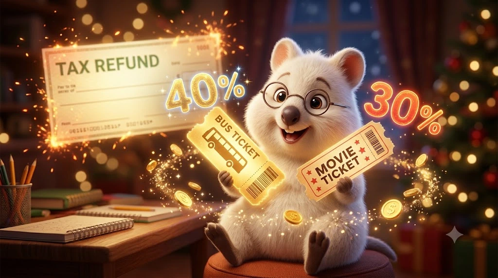 신용카드나 체크카드 결제 수단과 상관없이 무조건 40%의 높은 소득공제를 받는 대중교통 영수증과 30% 공제를 받는 문화비(영화, 도서) 티켓을 품에 안고 기뻐하는 똑똑한 백쿼카의 연말정산 꿀팁 일러스트.