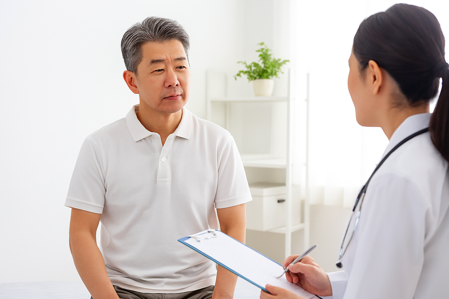병원에서 건강검진을 받는 중년 남성의 모습의 이미지