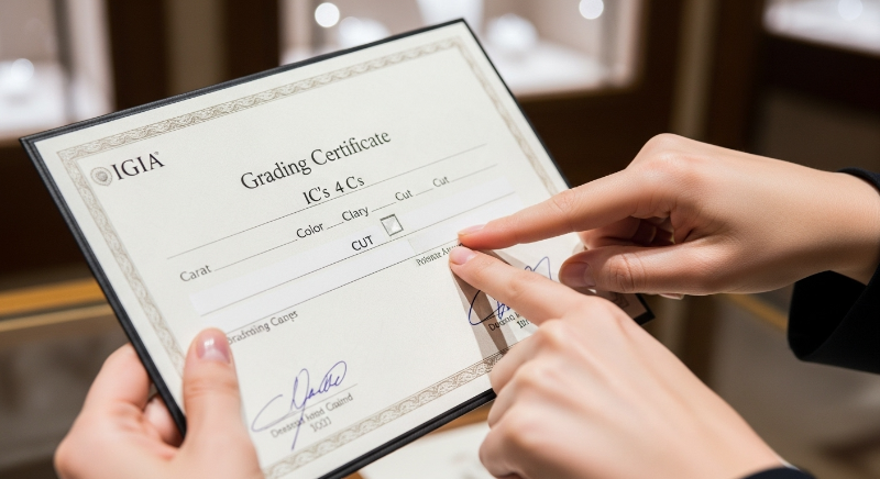IGI 또는 GIA 다이아몬드 감정서를 든 손의 클로즈업, 4C 등급 정보를 꼼꼼히 확인하는 모습.