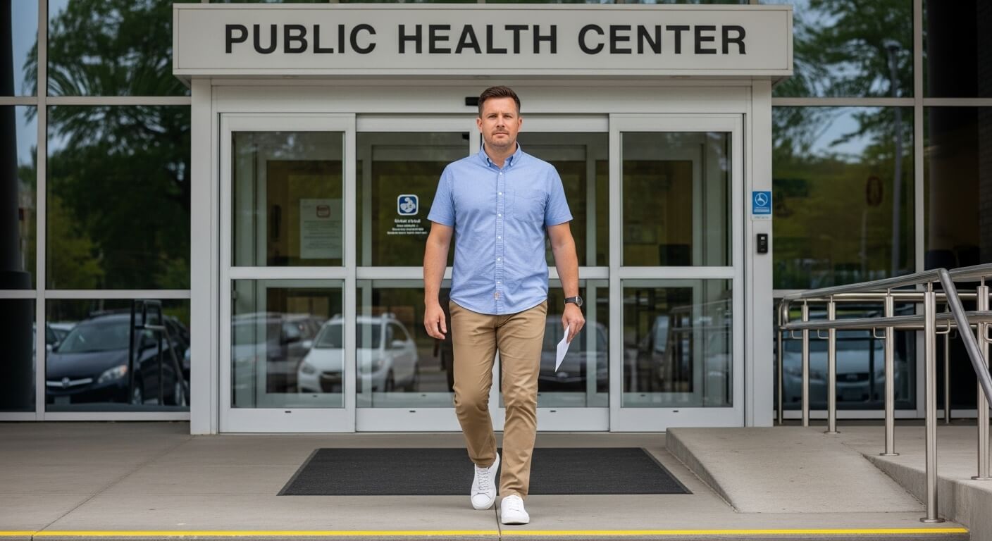 보건소 건물 밖으로 서류를 들고 나오는 남성